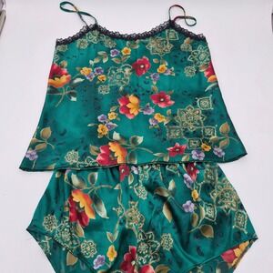 Kathryn Green Floral Satin Pajama Set Lace Trim Cami Tap Shorts Vintage Style M